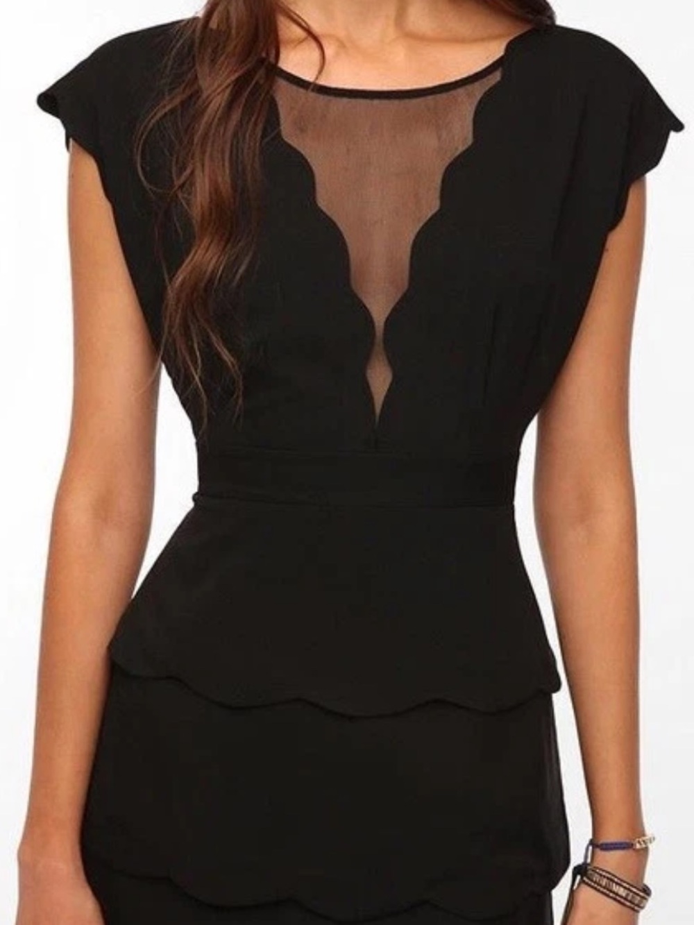 Coincidence & Chance Black Scallop Sheath Dress with Mesh V-Neck - Picture 2 of 11